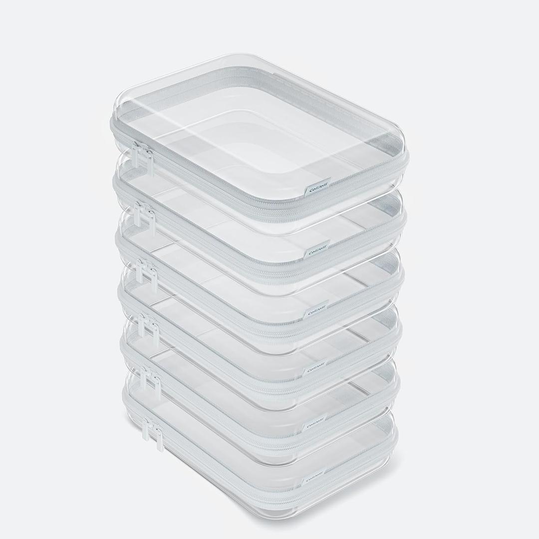 CoiiJoii 6PCS Clear Hard Shell Zipper Case,Portable Cosmetic Bag with Zipper,Kid's Toy Storage Organizer Bins,Hard Plastic Case,Clear Bags for Organizing (White)