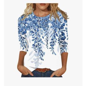 HTHLVMD Womens 3/4 Sleeve Tops 2025 Spring Summer Crewneck Print Causal Loose Fit Three Quarter Sleeve T Shirts for Women S