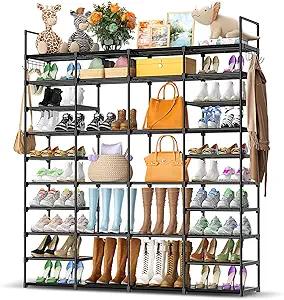 Kottwca 4 Row 10 Tier Large Shoe Rack Organizer for Closet Entryway, 7280 Pair Shoe Boot Storage Rack, Metal Shoe Shelf Big Vertical Stackable Shoe Stand for Bedroom Corner