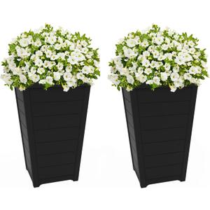 Keter Set of 2 Resin Modern Outdoor 22 Inch Tall Large Flower Pots, Tapered Wood Look Planters for Outdoor Plants and Front Porch Decor, Graphite