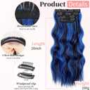KooKaStyle Clip in Long Wavy Synthetic Hair Extension 20 Inch Blue - Black Streak 4PCS Thick Hairpieces Fiber Double Weft Hair for Women