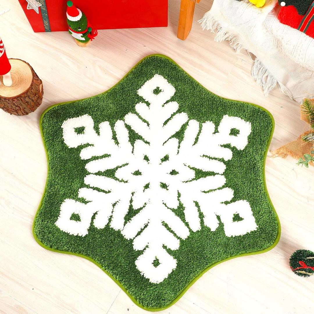 Christmas Snowflake Bathroom Rugs - Green White Xmas Soft Tufted Non-Slip Bath Mat, Absorbent Washable Shower Rug, Winter Holiday Decor for Living Room, Bedroom, Kitchen, Powder Room 22.8 x 25.5 Inch