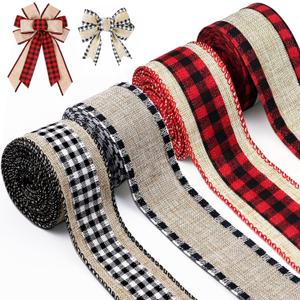 4 Rolls 12 Yards Buffalo Plaid Ribbon 1.5 Inch Wide Wired Edge Plaid Burlap Ribbon Check Gingham Fabric Craft Ribbon for Christmas Tree Gift Wrapping Crafts Decoration