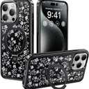 CASEKOO Vintage Flowers for iPhone 15 Pro Max Case with Magnetic Ring Stand [Compatible with MagSafe] [Military-Grade Protection] Fashion Black Back with Floral Design, Polished Black Edge, for Women