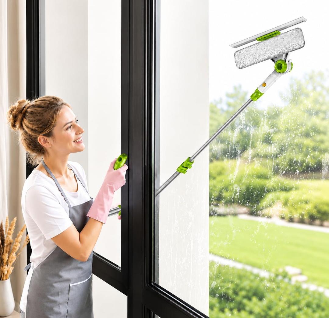 ORIXA U Shaped Window Cleaner for Outside Windows, Extendable Telescopic Pole with Rotatable Squeegee Head, Clean Exterior Glass from Inside, 2 Reusable Microfiber Cloths