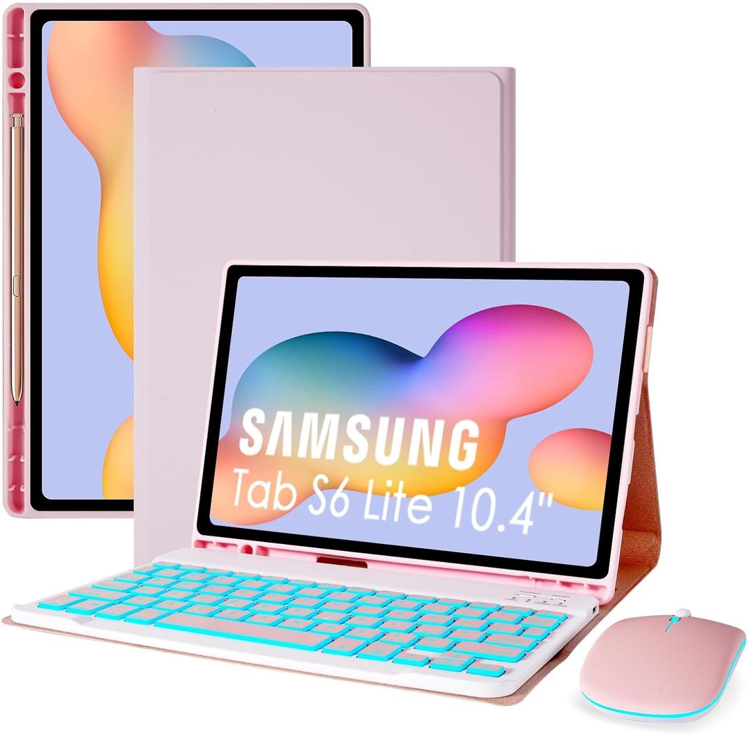 LAMA 7 Colors Backlit Keyboard Case with Mouse for Samsung S6 Lite 10.4 Inch 2020/2022/2024, Detachable Cover for Galaxy S6 Lite 10.4", Rechargeable Keyboard+Thin Case+Wireless Mouse, Pink