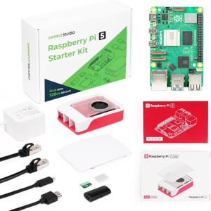 Seeed Studio Raspberry Pi 5 Starter Kit - 4GB RAM, Official Pi 5 case with Active Cooler, 128GB SD Card with pre-Installed Raspberry Pi OS, Official 27W Power Supply, HDMI Cable (1.5M), Network Cable (4GB Starter Kit)