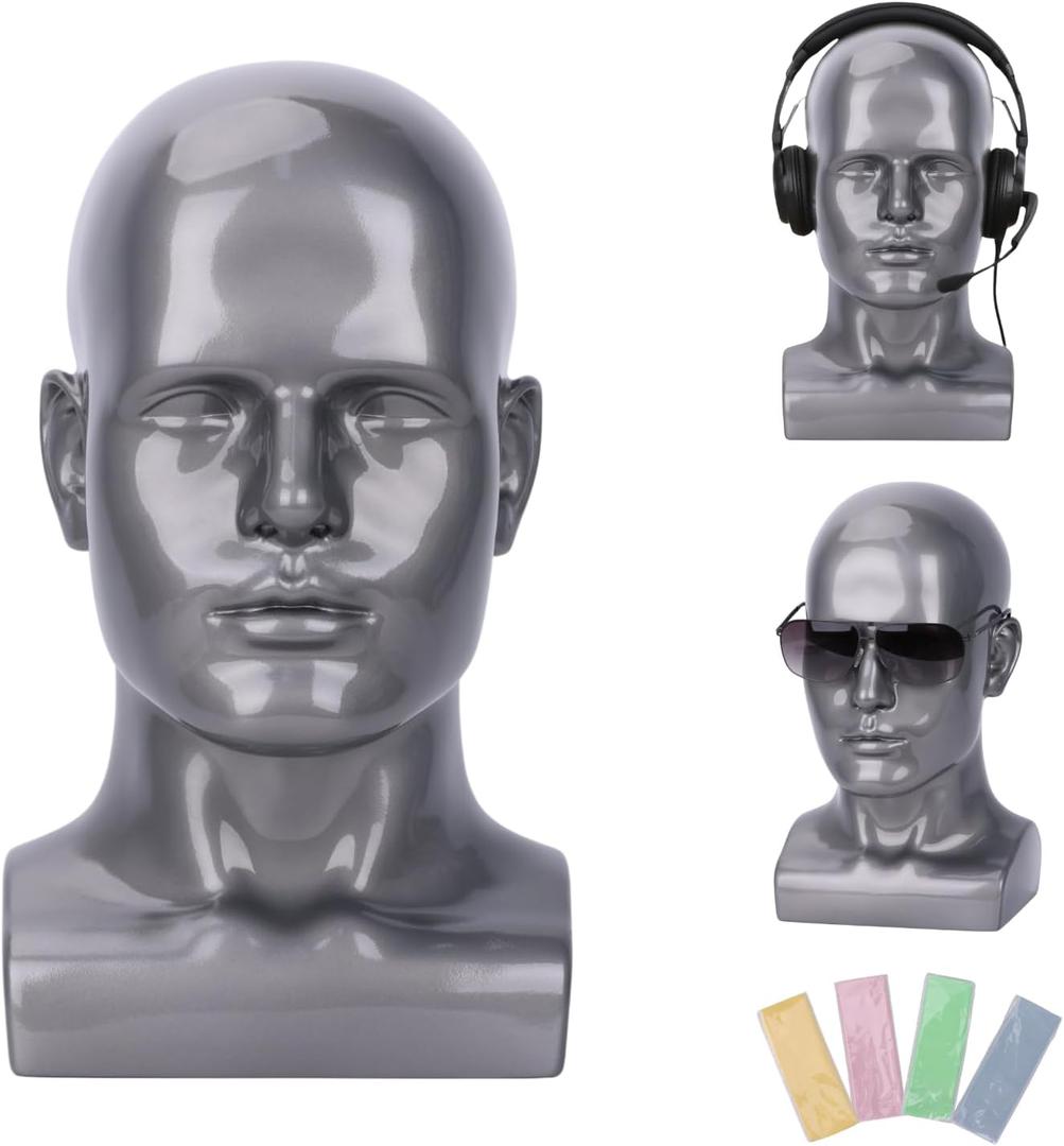 Male Mannequin Head  13.7 Silver Gray Wig Stand for Hats, Wigs, Headphone, Glasses  Great for Styling, Display & Storage (Bright Gray, 13.7)