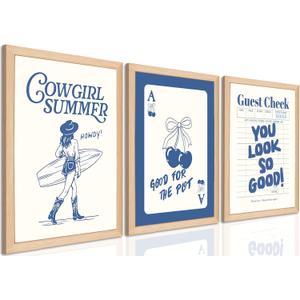Blue Preppy Canvas Wall Art Set of 3, Coastal Cowgirl Pictures Wall Decor Paintings, Trendy Cherry Guest Check Poster Prints Aesthetic Home Decor for Teen Girls Bedroom Dorm 12x16 inch Framed (16L" x 12W", Navy Wood Framed)