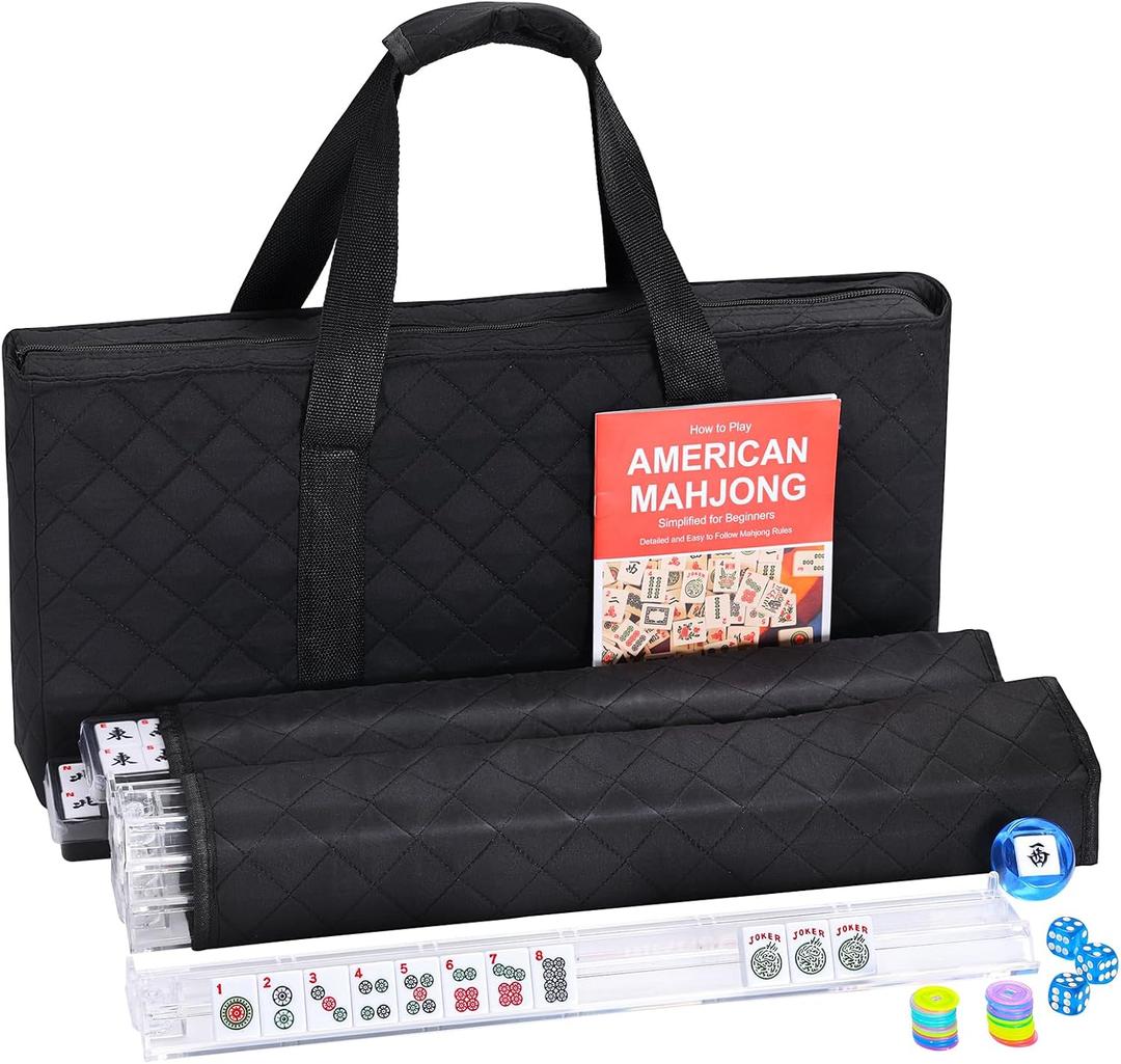 American Mahjong Tile Set, 166 White Tiles, 4 Mahjong Racks with Pushers, Mahjong Sets with Black Bag for Beginners (Ma Jong, Mah-Jongg)