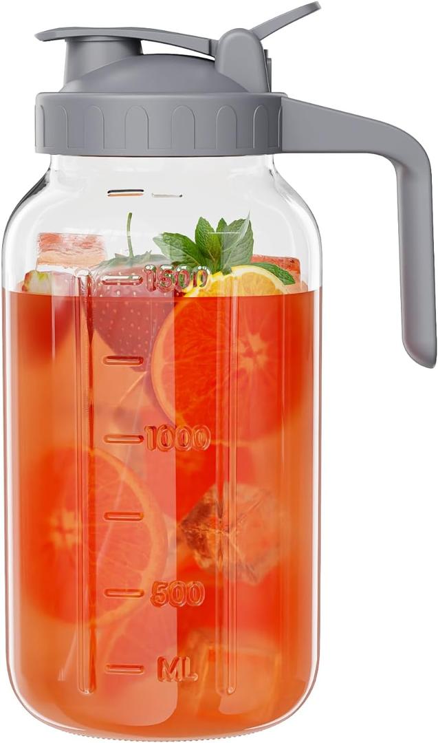 Glass Mason Jar Pitcher, 64 oz Wide Mouth Jug with Pour Spout Handle Lid for Cold Brew Coffee, Ice Beverage, Iced Juice, Lemonade, Sun Tea, Fruit Drinks Container (64 Ounces, Gray)
