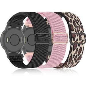 Bolesi 3 Pack 18mm Stretchy Nylon Watch Bands for Garmin Venu 2S/Venu 3S/Venu 4 41mm, Quick Release Wristband Loop Elastic Strap for Vivoactive 4S/ Vivomove 3S/Forerunner 265s/255s Men Women (Black+Leopard+Pink Sand)