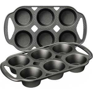 HONGBAKE Everline Collection Cast Iron Muffin Pans, Non toxic Uncoated 6-Cup Muffin Tins, Non-Stick Pre-Seasoned Cupcake Tray Pan Set for Baking, Oven & Stovetop Safe, Standard Size, 2 Pack
