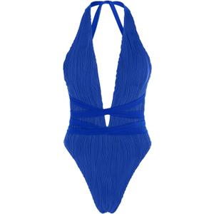 ZAFUL Women Plunging One Piece Swimsuit Backless Cross Tie High Cut Thong One-Piece Bathing Suit (Large, 3-royal Blue)