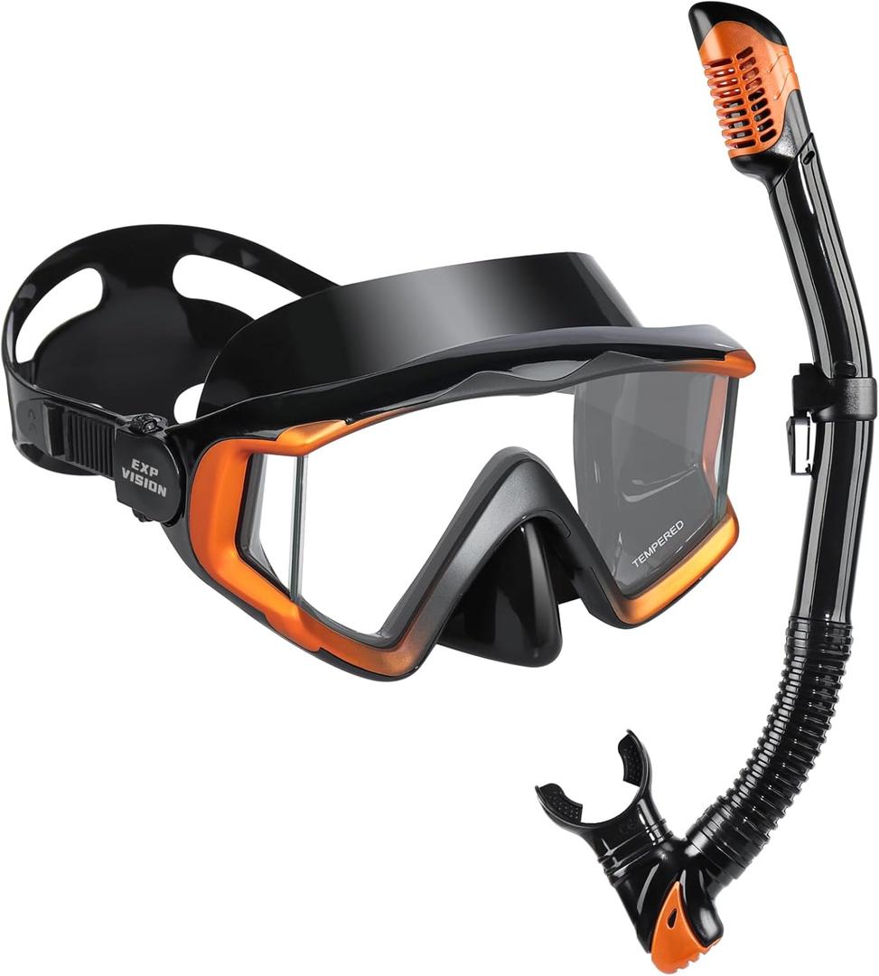 Adult Pano 3 Scuba Diving Mask, Tempered Glass Snorkel Mask Anti-Fog Swim Mask No Leakage Swim Goggles with Nose Cover Snorkeling Gear for Snorkeling, Freediving, Swimming (Orange/Black Set)
