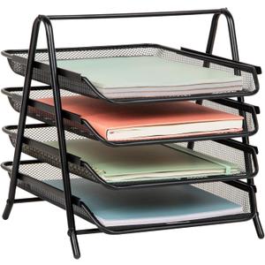 Mind Reader 4-Tier Paper Tray, Desktop Organizer, File Storage, Workspace, Office, Metal Mesh, 12"L x 13.75"W x 12.5"H, Black