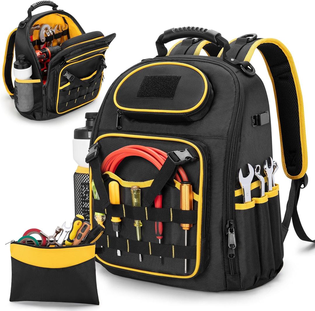 Marscamd Tool Backpack with a Tool Pouch, Heavy Duty Tool Bag with Multiple Pockets, Black
