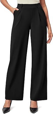 IUGA Womens Dress Pants Wide Leg Pull On Stretchy Work Pants Women High Waisted Business Casual Trousers with Pockets, X-Large, Black-Petite