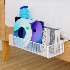 Majewel Bedside Caddy For Dorm Bed,Adjustable Bedside Storage Caddy For Bed,Metal Dorm Bed Shelf,Bunk Bed Storage Basket Office Cubical Wall Hanging Organizer,Bunk Bed Accessories For Dorm (White)