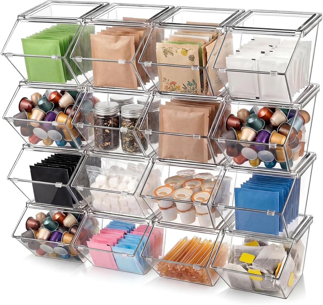 Yerliker 16 Pcs Clear Plastic Storage Bins with Lids Large Stackable Pantry Storage Organizer Bins Kitchen Organization Cabinet Organizers Ideal Containers for Fridge Kitchen abinets Bathroom