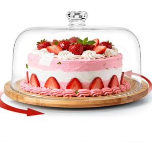 Masthome Bamboo Christmas Cake Stand with Lid, Rotating Cake Holder with Dome, Dessert Table Display Set with Clear Cover, BPA Free Cake Plate with Cover for Birthday/Kitchen/Party/Charcuterie