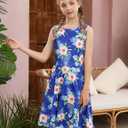 Ahegao Girl's Floral Sleeveless Dresses Kids One Piece Sundress for Casual School 4-13 Years Old (9-10 Years, Blue Pink Green)