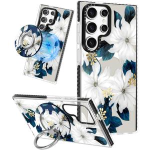 Cute Case for Samsung Galaxy S25 Ultra for Women Girls - Funny Blue Flower Design Compatible with Magsafe Magnetic Ring Holder Kickstand Fashion TPU Phone Covers