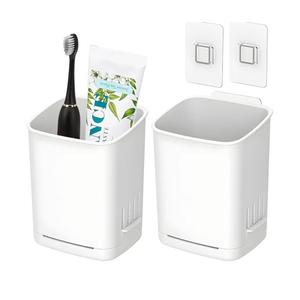 2 Pcs Toothbrush Holder Wall Mounted, No Drilling Toothbrush Holders for Bathroom, Shower Electric Toothbrush and Toothpaste Razor Holder Removable Self Draining for Bathroom Kitchen (White)