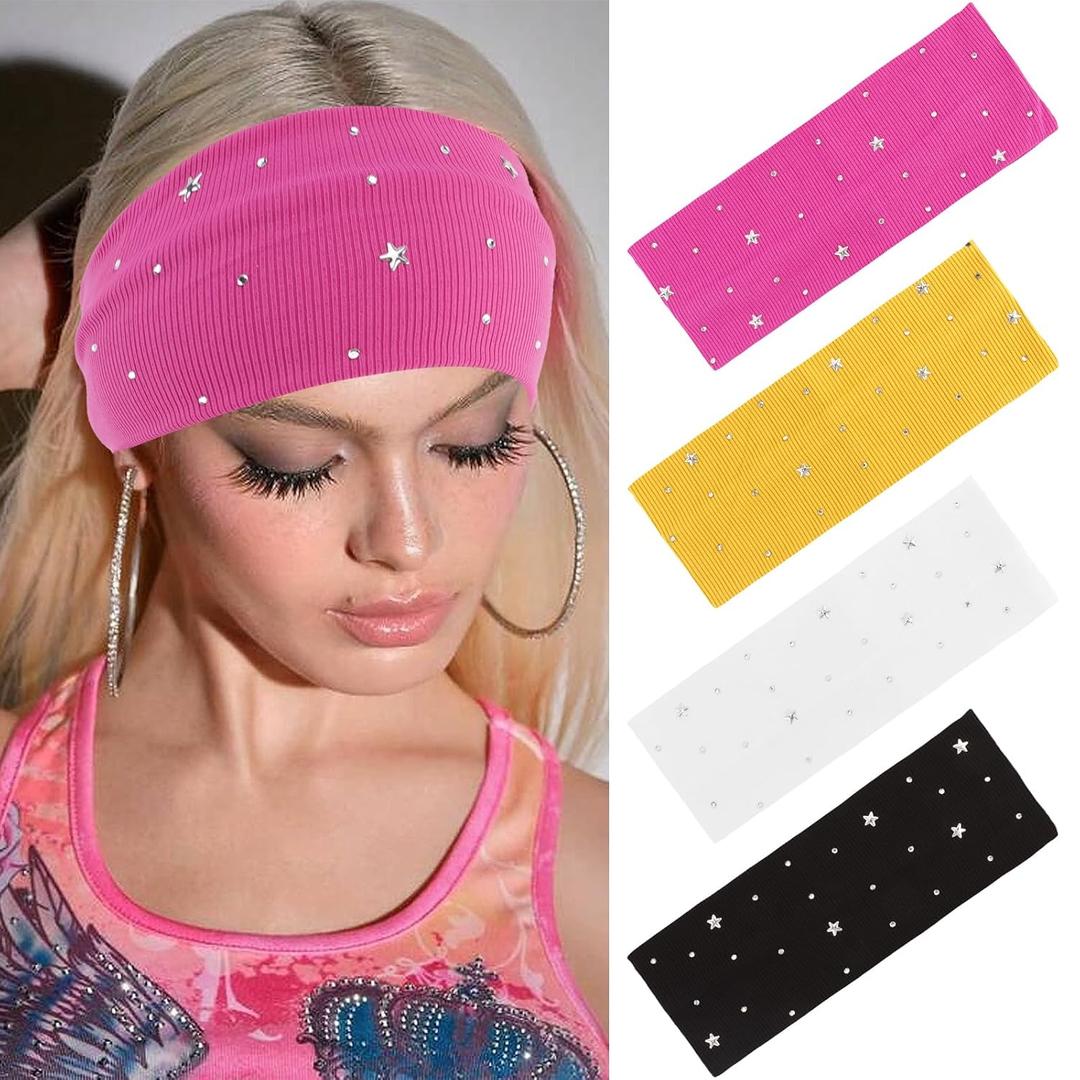 4 Pack Rhinestone Headbands for Women Y2K Headbands Elastic Wide Headbands for Women Trendy Hair Accessories Non Slip Stretchable Hairbands for Sport Yoga Workout (Color 02)