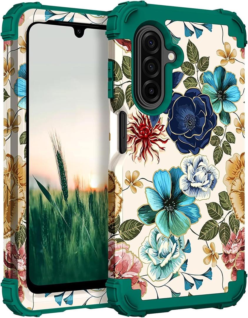Hocase for Galaxy A17 5G Case, Heavy Duty Shockproof Protection Soft Silicone Rubber Bumper+Hard Plastic Hybrid Protective Case for Samsung Galaxy A17 5G (6.7") 2025 - Teal Flowers