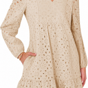 Caracilia Womens Dresses Long Sleeve V Neck Eyelet Hollow Out Fall Casual Flowy Swing Boho Tiered 2026 Mini Short Dress Medium