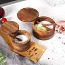 Acacia Wood Salt and Pepper Bowl, Nature Wood Salt Cellar and Spices Storage Box With Built-in Spoon and Magnetic Swivel Lid (Two Compartments 12 oz)