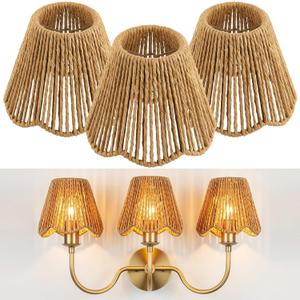 3 Pack Small Rattan Lampshade 3 x 5 x 6 Inch Boho Vertical Striped Rattan Lampshade Replacement with Petal Edges for Table Chandelier Wall Lamp Living Room Bedroom Farmhouse (Wood Color)