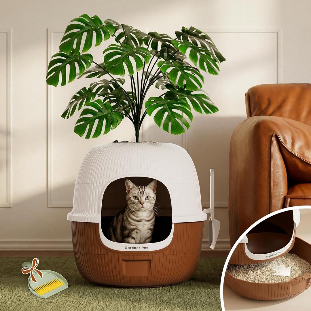 Hidden Cat Litter Box with Faux Plant & Scoop, Drawer Decorative Litter Box Enclosure with Odor Controlled Carbon Filter, Effortless Refilling, Scooping & Cleaning, Leak-Proof Design, Brown
