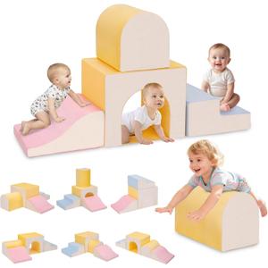 Large Climbing Toys for 1 Year Old, 4-Piece Toddler Climbing Toys Indoor, Soft Play Set Baby Foam Climbing Blocks for Toddlers, Climb Crawl Activity Play Set, Birthday (Yellow\white)