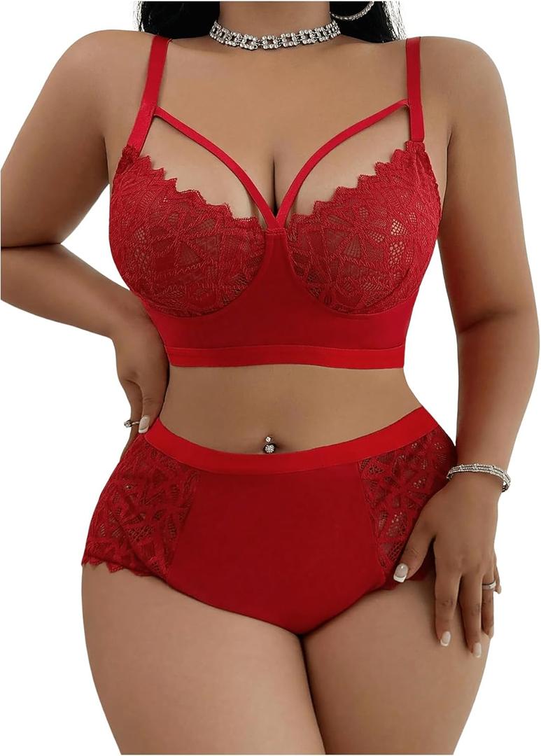SOLY HUX Women's Plus Size Sheer Lace Lingerie Wireless Bra and Panty 2 Piece Underwear Set (3X-Large Plus, Pure Red)