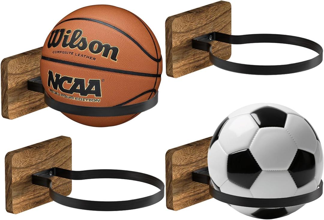 Basketball Holder Wall Mount with Wooden Base, 4 Pcs Ball Storage Holder for Football Basketball Soccer Rugby Display Rack - Boys Sports Accessories Organizer (Carbon Brown-4 Pack)