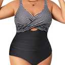 Daci Plus Size One Piece Swimsuits - Tummy Control Bathing Suit for Women Cutout Swimwear (Black Striped) 18W