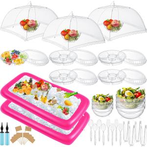 128 Pcs Inflatable Cooler for Parties 2 Inflatable Serving Bars Buffet Cooler for Parties 3 Food Cover 6 Salad Bowl 12 Serving Utensils 5 Plastic Appetizer Tray 100 Labels(Pink)