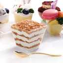 supernal 100pcs Square Plastic Dessert Cups (4oz) with 100pcs Mini Gold Spoons, Plastic Parfait Appetizer Cup, Medium Clear Dessert Cups Perfect for Cakes, Ice Cream, Desserts Appetizers