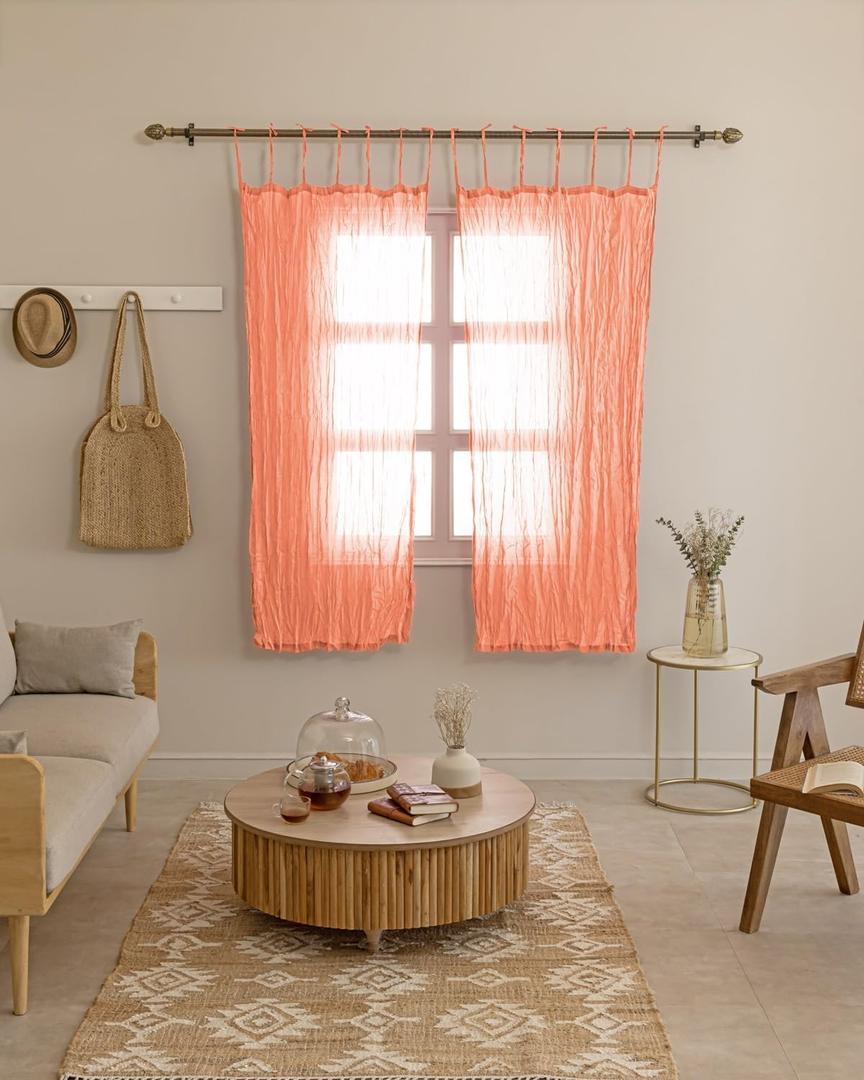 TARAN LIVING Sheer Crinkle Curtain Panel Set of 2, 100% Natural Washable Cotton Window Treatment Rod Pocket Curtain Panels for Kitchen, Bedroom and Living Room - Orange, Window - 42"x63"