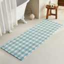 TYUU Waffle Runner Rug Bathroom, Long Boho Bathroom Rugs Non Slip Washable Absorbent Checkered Bathroom Mat Quick Dry Cute Bath Mat, 72"x24" Blue and White