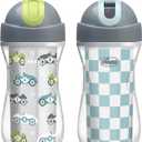Chicco Flip-Top Straw Cup 9oz | Insulated Toddler Sippy Cup with Soft Silicone Straw | No-Spill | Easy-Clean | BPA-Free | 2pk | For Ages 12+ Months | Cars/Checker