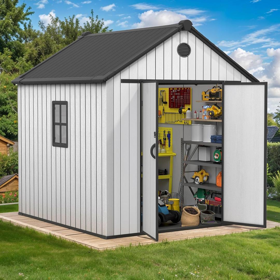 DWVO 8x8 FT Outdoor Storage Shed, Plastic Storage Shed with VisionWindow, Lockable Door & Floor, 16mm Heavy Duty All-Weather Tool Garden Shed with Vent for Patio Bike Lawn Mower Pool Supplies, Gray