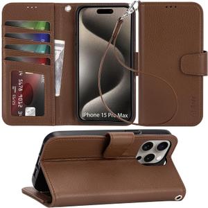 Arae Compatible with iPhone 15 Pro Max Case with Card Holder and Wrist Strap Wallet Flip Cover for iPhone 15 Pro Max 6.7 inch Men RFID Blocking, Wristlet, Kickstand,Litchi Brown