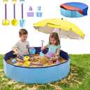 Large Sand Box Set with Lid Cover & Umbrella, Including 7Pcs Sand Toys for Kids Toddlers, 39Inch Big Portable Sandpit for Outdoor Indoor Backyard Patio Beach Dog, Hold up 200lbs Sand
