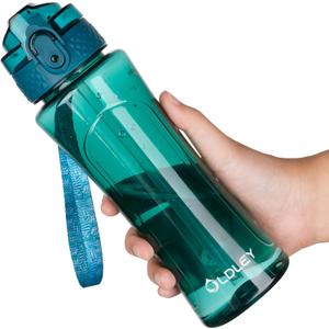 OLDLEY Kids Water Bottle with Straw 15 oz BPA-Free Leak-Proof Motivational Water Bottles with Time Marker for School Sports Travel Gym, Easy to Use for Girls Goys, 1 Straw Lid,Transparent-dark green (A-Transparent Dark Green)