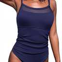 AI'MAGE Women's Ribbed One Piece Swimsuit Tummy Control Ruched Bathing Suit Sexy Mesh Swim Suits Crisscross Back Tie Swimwear (L,Blue)