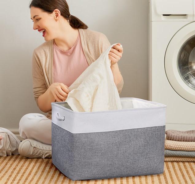 Decorative Fabric Storage Baskets for Shelves Large Linen Organizer Bins with Handles Perfect for Closet, Nursery, and Toy Storage Durable and Elegant Home Organization Solution (19.7"L15.7"W11.8"H(180 Liters), Grey)