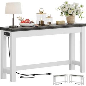 Cyclysio 47" Console Table with Charging Station, 13.8" Deep Farmhouse Sofa Table Behind Couch with 2 AC Outlets & 3 USB Ports, Entryway TV Console or Compact Home Office Desk, Oak Grey